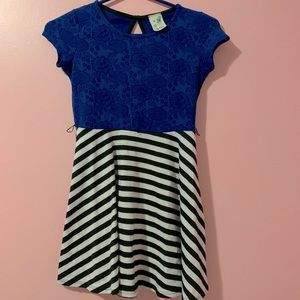 Blue floral black and white stripes dress